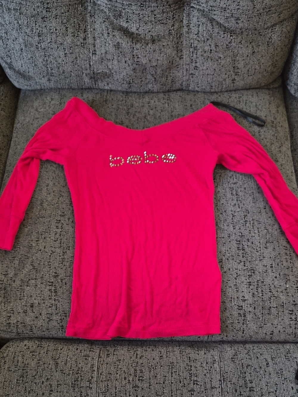 bebe Hot Pink Off-Shoulder Long Sleeve Top with Rhinestone Logo